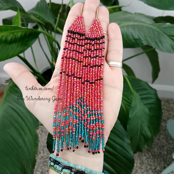 Long Boho Chic Beaded Fringe Cascade Shoulder Duster Dangle Earrings, 7" - Picture 7 of 8